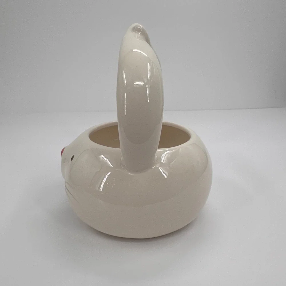 Blooming Blooms Ceramic Easter Bunny Basket Figural Rabbit Candy Dish White Pink